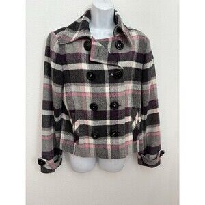 Cabi 208 Double Breasted Plaid Jacket Coat Size 8 Black White Pink Career Office